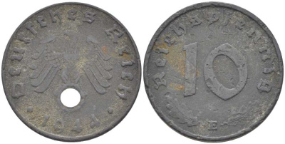 ГЕРМАНИЯ 10 РЕЙХСПФЕННИГОВ 1944 E KM 101, J. 371 цинк 210-735