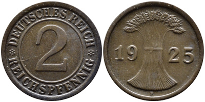 ГЕРМАНИЯ 2 РЕЙХСПФЕННИГА 1925 F KM 38, J. 314 бронза 4387-1142