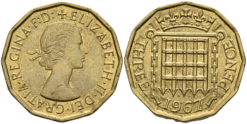 Великобритания 3 пенса 1967 Елизавета II (1952-2022) KM 900, Spink 4153 никель латунь 4126-333