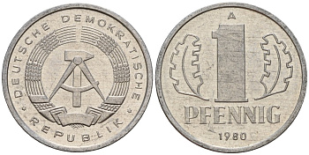 ГДР 1 пфенниг 1980 A KM 8.2 алюминий 188-138