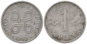Финляндия 1 марка 1953 KM 36a железо плакированная никелем 218-1145