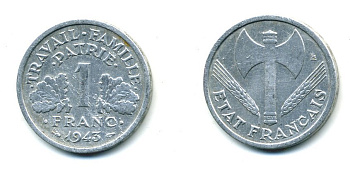 ФРАНЦИЯ 1 ФРАНК 1943 LB, ТИП LEGERE, ПРАВИТЕЛЬСТВО ВИШИ KM 902.1, LE FRANC 223.3 алюминий 23-1024