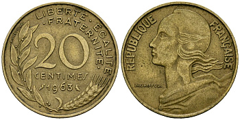 Франция 20 сантимов 1963 тип Marianne KM 930 медь алюминий никель 4135-551