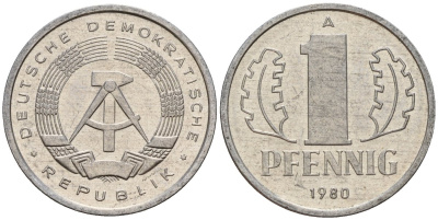 ГДР 1 пфенниг 1980 A KM 8.2 алюминий 188-138