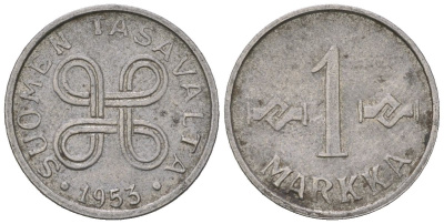 Финляндия 1 марка 1953 KM 36a железо плакированная никелем 218-1145