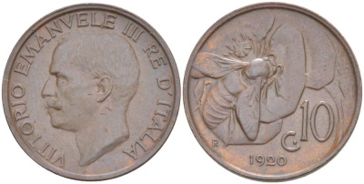ИТАЛИЯ 10 ЧЕНТЕЗИМО 1920 R, МОНДВОР РИМ, ВИКТОР ЭММАНУИЛ III (1900-1946) KM 60 медь 4525-217