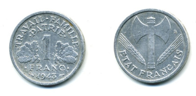 ФРАНЦИЯ 1 ФРАНК 1943 LB, ТИП LEGERE, ПРАВИТЕЛЬСТВО ВИШИ KM 902.1, LE FRANC 223.3 алюминий 23-1024