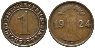 ГЕРМАНИЯ 1 РЕЙХСПФЕННИГ 1924 F KM 37, J. 313 бронза 39-838
