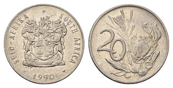 ЮАР 20 центов 1990 герб, цветок протея KM 86 никель 4693-816