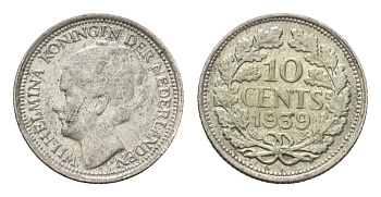 Нидерланды 10 центов 1939 Вильгельмина (1890-1948) KM 163 серебро 4627-748