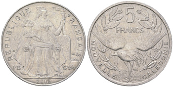 Французская Новая Каледония 5 франков 2006 птица кагу, (IEOM) KM 16, Schoen 12, Lec 81ю алюминий 189-1243