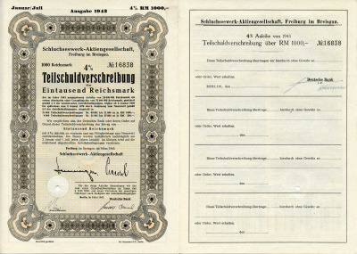 Германия 1000 рейхсмарок 1943 АО Schluchseewerk (оператор 5 ГЭС), Фрайбург-им-Брайсгау, 4% -ное частичное обязательство, облигация   бумага   8801-99-1