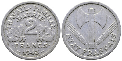 Франция 2 франка 1943 правительство Виши KM 904.1 алюминий 177-1051