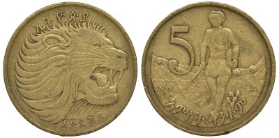 Эфиопия 5 центов 1977 ЕЕ1969, малая голова льва KM 44.1 медь цинк 4122-444