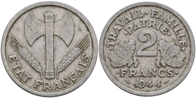 Франция 2 франка 1944 тип LOURDE, правительство Виши KM 904 алюминий 4187-1013