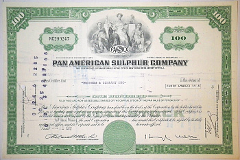 США, PAN AMERICAN SULPHUR COMPANY 100 акций 1972 США бумага 00-00