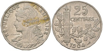 Франция 25 сантимов 1904 KM 856 никель 113-627