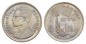 Таиланд 1 бат 1977 ВЕ2520, Рама IX (1946-2016) древний корабль KM 110 медно-никель UNC 4624-837