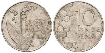Финляндия 10 пенни 1991 M KM 65 медно-никель 218-1123