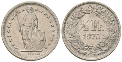 Швейцария 1/2 франка 1970 KM 23а.1 медно-никель 54-828