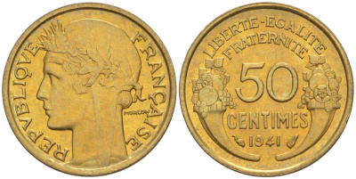 Франция 50 сантимов 1941 тип Морлон KM 894.1, Le Franc 192.18 алюминиевая бронза 44-366