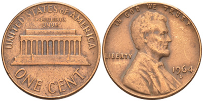 США 1 ЦЕНТ 1964 D, ЛИНКОЛЬН KM 201 медь цинк 188-256