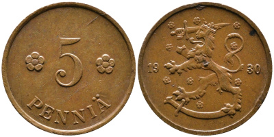 ФИНЛЯНДИЯ 5 ПЕННИ 1930 KM 22 медь 4387-419