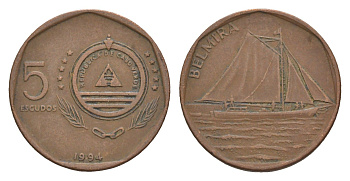 Кабо-Верде 5 эскудо 1994 Корабли - Belmira KM 36 сталь плакированная медью 4655-729