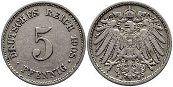 Германия 5 пфеннигов 1908 E KM 11, Jager 12, Weege 6 медно-никель 4547-465