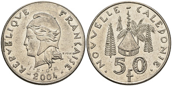 Французская Новая Каледония 50 франков 2004 хижина среди сосен и пальм, (IEOM) KM 13, Schoen 15, Lec 121 никель 4144-124