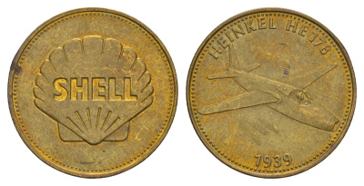 Франция жетон Shell - Человек в полете - Хейнкель HE 178, 1939 1969 диаметр 26 мм, вес 5 гр Kooij RS011.10c сталь плакированная латунью aUNC 4656-344