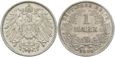 Германия 1 марка 1905 E Weege 18, J. 17, KM 14 серебро aUNC 413-5622