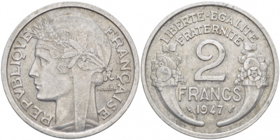 Франция 2 франка 1947 KM 886a 1 алюминий 4402-1133