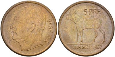 Норвегия 5 эре 1967 лось, Улаф V (1958-1991) KM 405 бронза 4183-1232