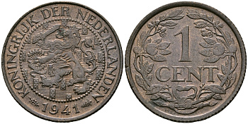 НИДЕРЛАНДЫ 1 ЦЕНТ 1941 ВИЛЬГЕЛЬМИНА KM 152 бронза 176-661