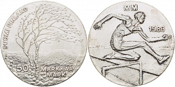 Финляндия 50 марок 1983 K-T, чемпионат мира по атлетике, бег с препятствиями KM 61 серебро UNC 1515-1225