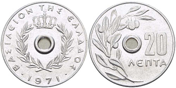 Греция 20 лепта 1971 Константин II (1964-1974), оливковая ветвь KM 79 алюминий UNC 28-1017
