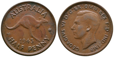 АВСТРАЛИЯ 1/2 ПЕННИ 1943 m, ГЕОРГ VI (1936-1952), КЕНГУРУ KM 41 бронза 4384-1111