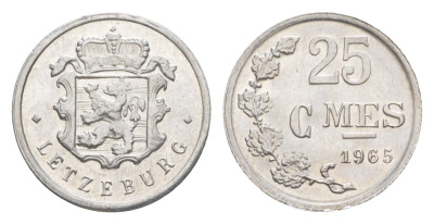 Люксембург 25 сантимов 1965 Герцог Жан (1964-1999) KM 45a.1 алюминий UNC 4115-467