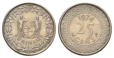 Суринам 25 центов 1974 KM 14 медно-никель 4172-216