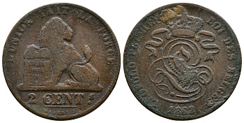 БЕЛЬГИЯ 2 САНТИМА 1863 BELGES KM 4.2 медь 4364-4431