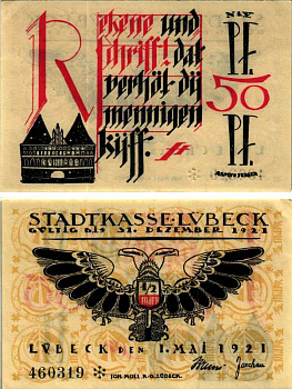 ЛЮБЕК, ГЕРМАНИЯ 50 ПФЕННИГОВ 1921 НОТГЕЛЬД, 1 МАЯ 1921, ЗЕМЛЯ ШЛЕЗВИГ-ГОЛЬШТЕЙН, БУКВА R ARNOLD KELLER 831.2 бумага 7551-3-3-1