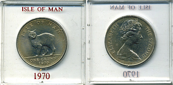 Остров Мэн 1 крона 1970 кошка Мэна, в оригинальной пластиковой коробке KM 18 медно-никель UNC 6-6-1-40