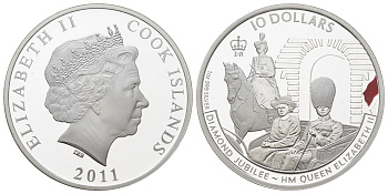 Острова Кука 10 долларов 2011 60 лет вступлению на престол Королевы Елизаветы II, Елизавета II (1952-2022) KM 1583 серебро PROOF 11-057-22