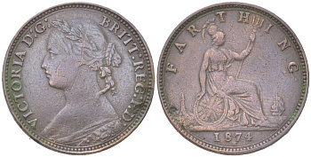 Великобритания 1 фартинг 1874 H, Виктория (1837-1901) KM 753, Spink 3959 бронза 4613-427