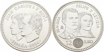 Испания 12 евро 2004 свадьба принца Фелипе и Летисии KM 1069 серебро UNC 1521-1323