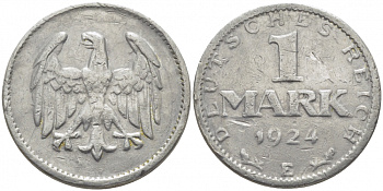 Германия 1 марка 1924 E KM 42, J. 311, Weege 14 серебро 3856-325
