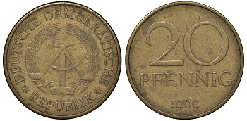 ГДР 20 пфеннигов 1969 А, первый год KM 11 латунь 62-1016