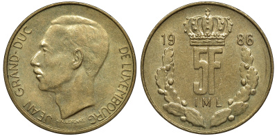 Люксембург 5 франков 1986 Великий герцог Жан (1964-1999) KM 60.1 латунь 91-942