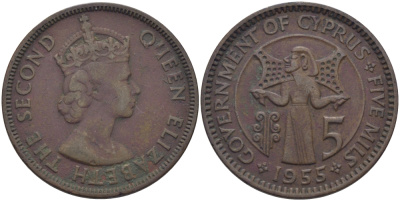 КИПР 5 МИЛСОВ 1955 KM 34 бронза 23-124